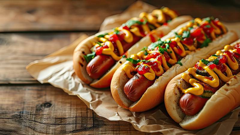 Two hot dogs with ketchup and mustard on parchment paper.