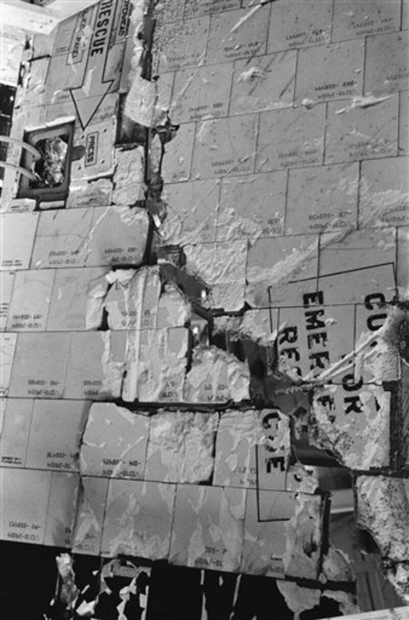 This is a view of the nose section of the Space Shuttle Challenger as seen by reporters and photographers at the Kennedy Space Center, April 9, 1986, Fla. Reports are that the nose of the craft including the crew compartment hit the Atlantic Ocean after the January 28th shuttle explosion. (AP Photo/Bruce Weaver)